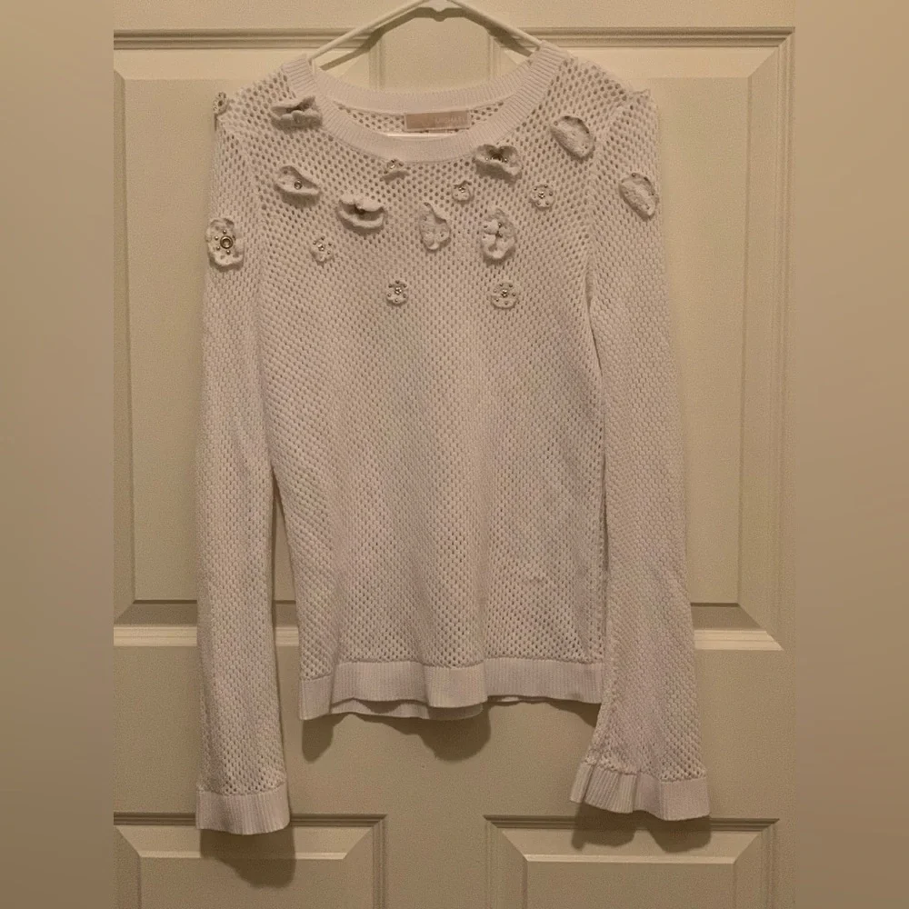 Michael Kors White Knit Textured Floral Sweater With Bell Sleeves.  Size-Medium